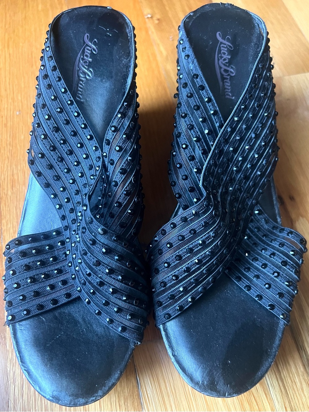 Lucky Brand Black Beaded Crisscross Slide Mules